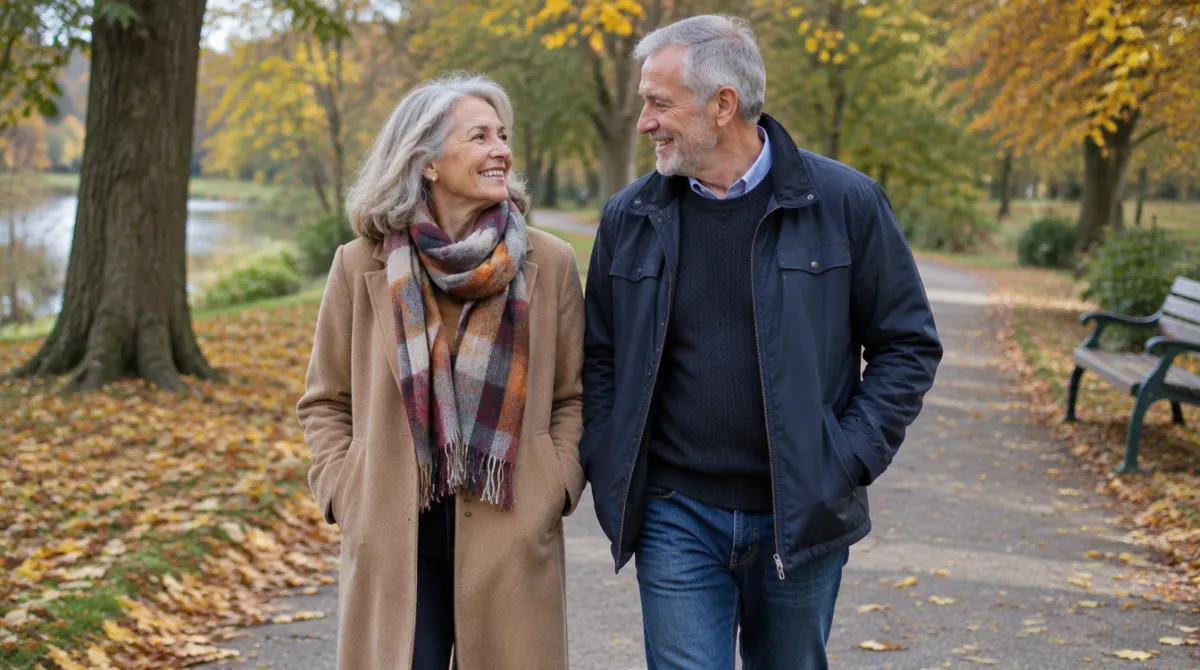 A couple in their sixties walking together on an autumn park path